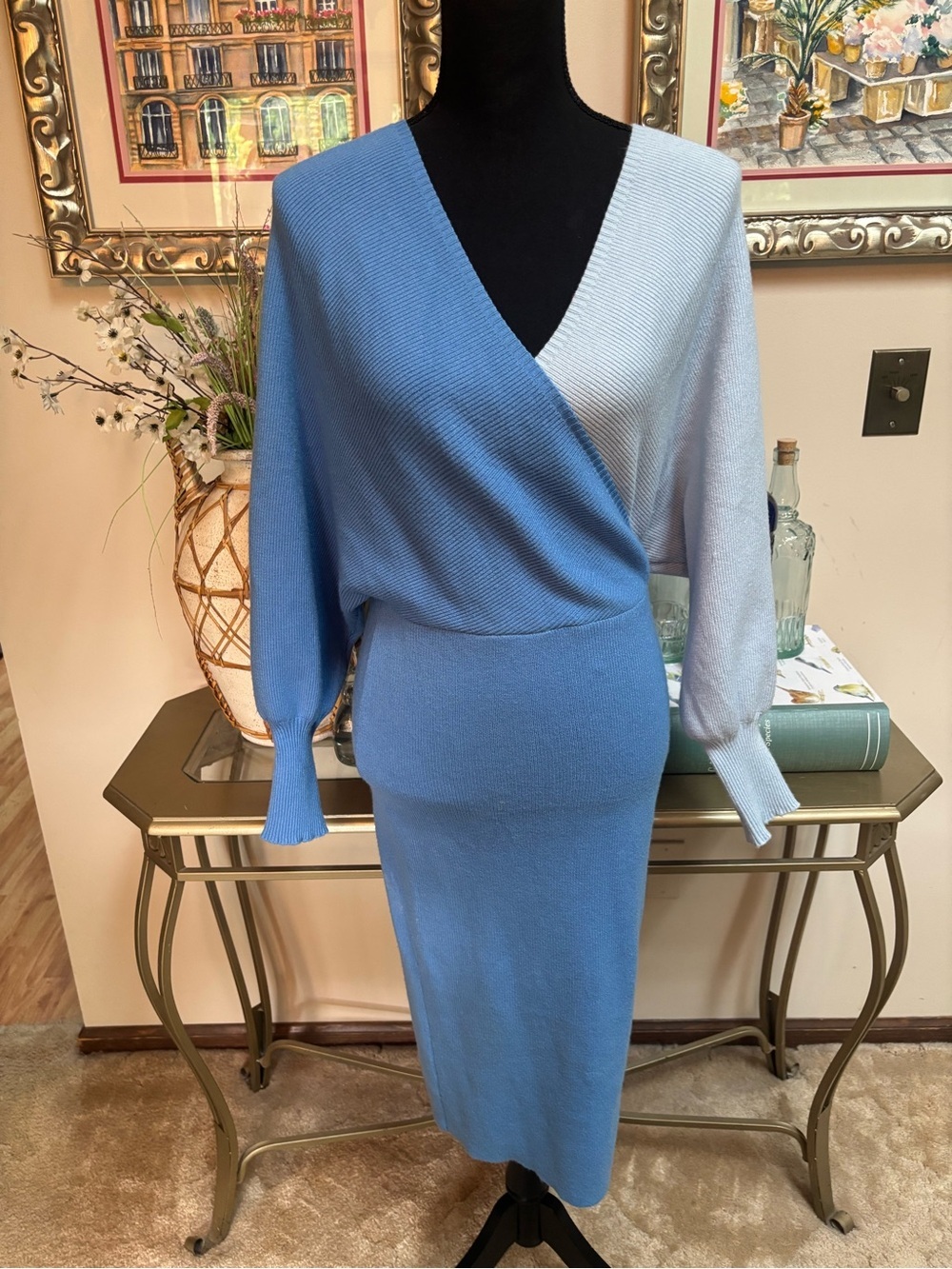 Colorblock Blue Knit Wrap Body-con V-Neck Wrap Midi Dress by Theenkoln Size Med - Picture 9 of 9